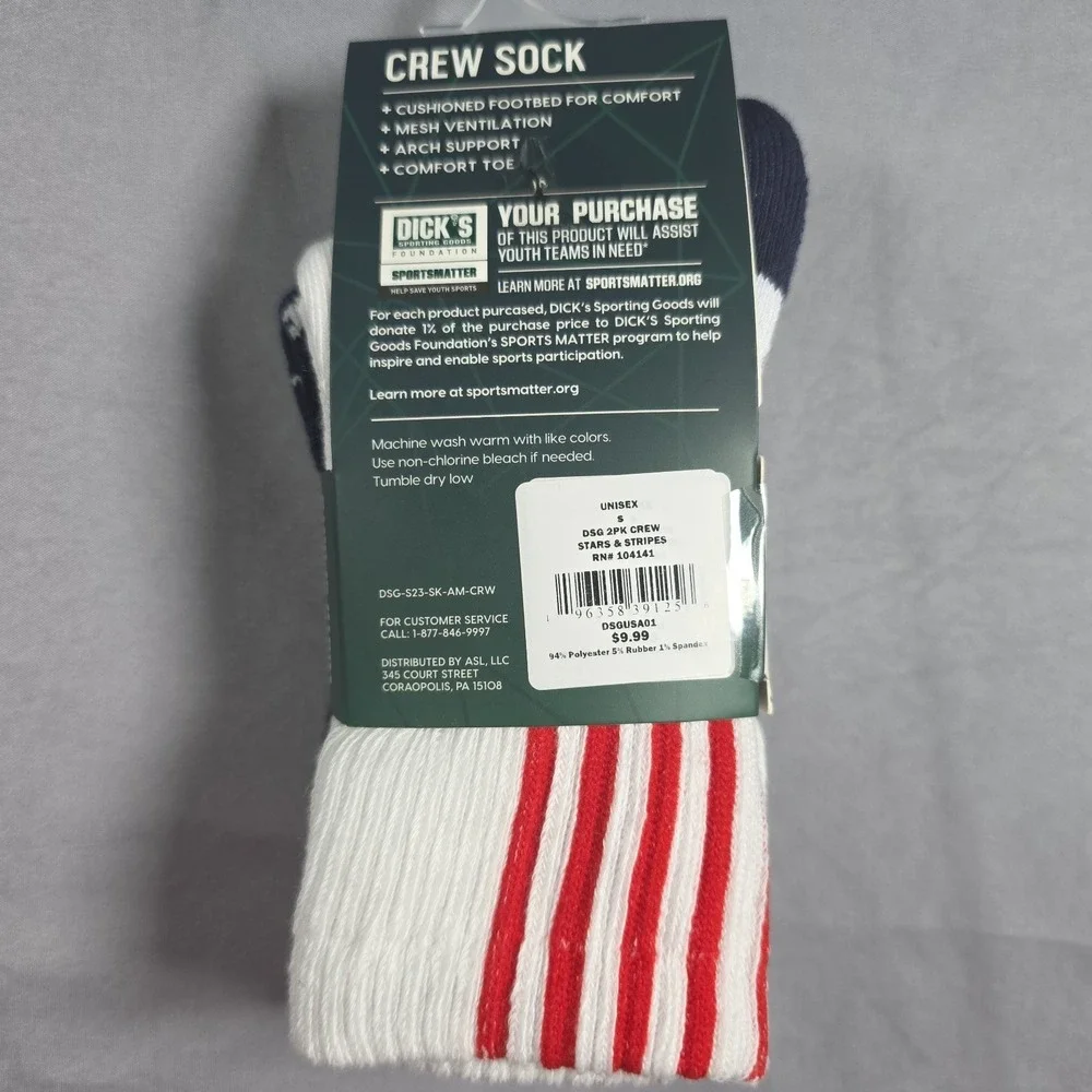 Dick's Sporting Goods Patriotic Stars & Stripes Crew Socks 2 Pack size 13K-4Y
